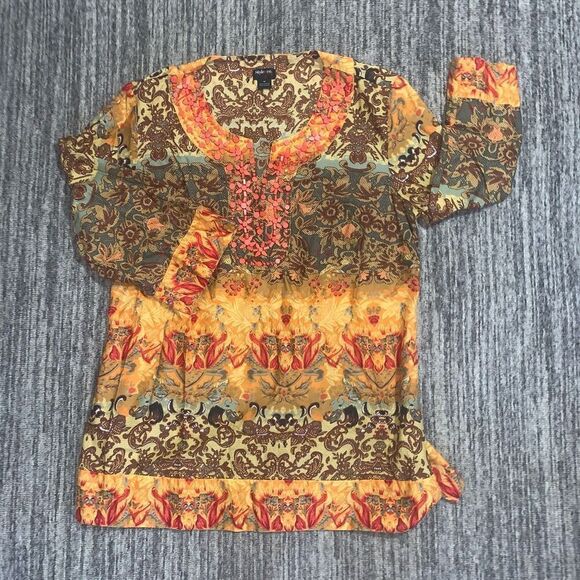 Style & Co Womens 10 Boho Beaded Tunic Top Brown Orange Cinched Back Cotton - Picture 1 of 7